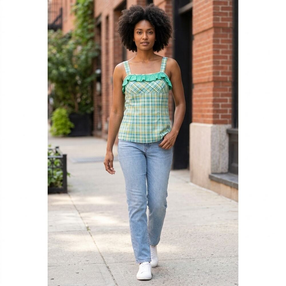 Bui-yah-kah Made in USA Green Plaid Ruffle Lightweight Tank Women Size M